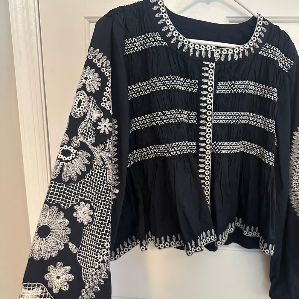 7 For All Mankind Blue Blouse with White Embroidery - Picture 2 of 6